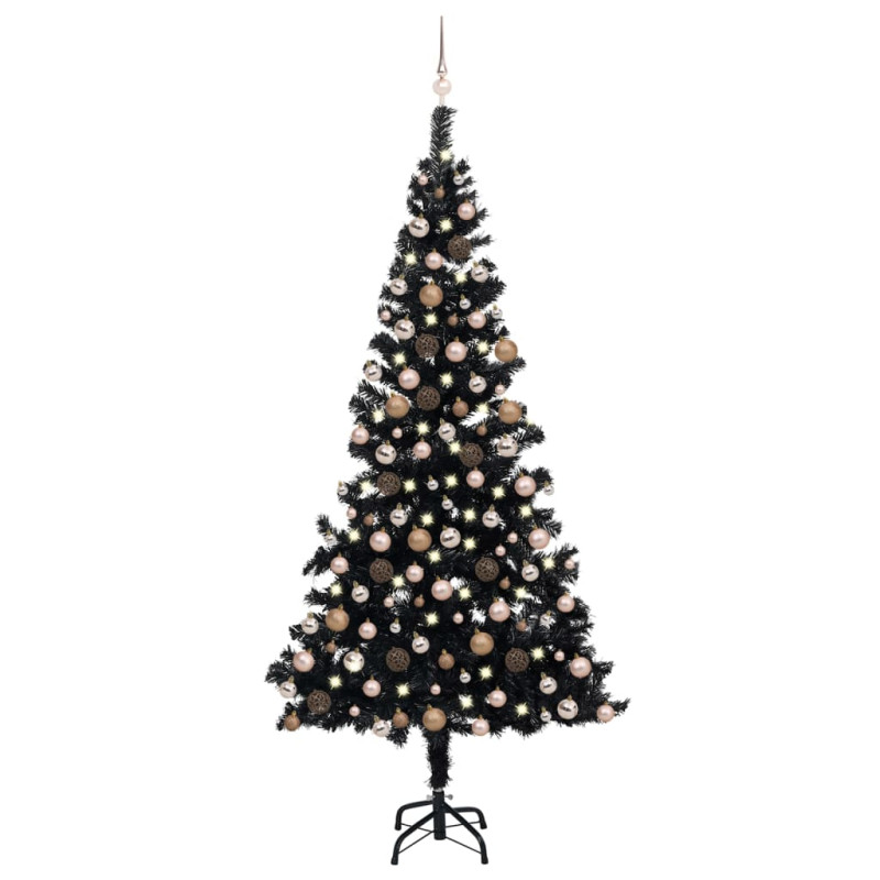 Arbre de Noël artificiel pré éclairé et boules noir 210 cm PVC