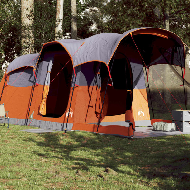 Tente familiale tunnel 8 personnes gris et orange imperméable