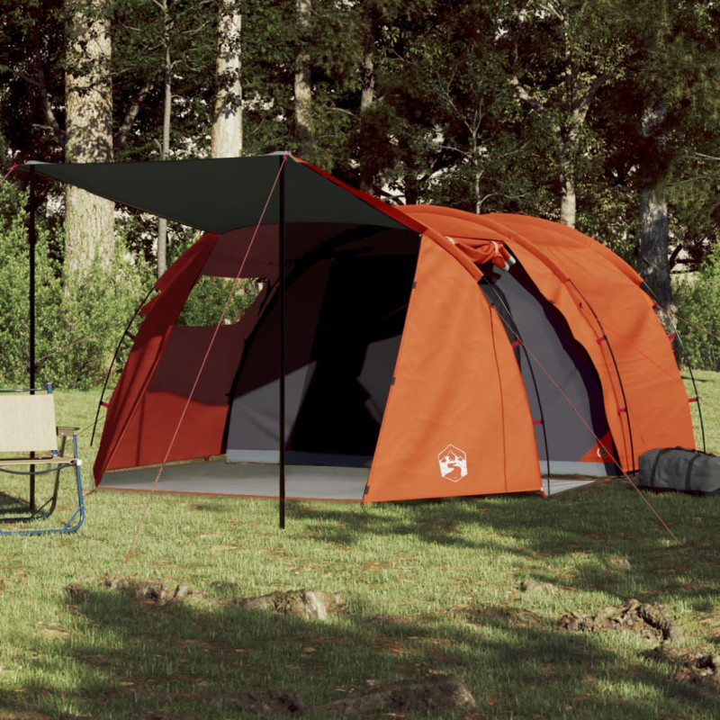 Tente de camping tunnel 4 personnes gris et orange imperméable