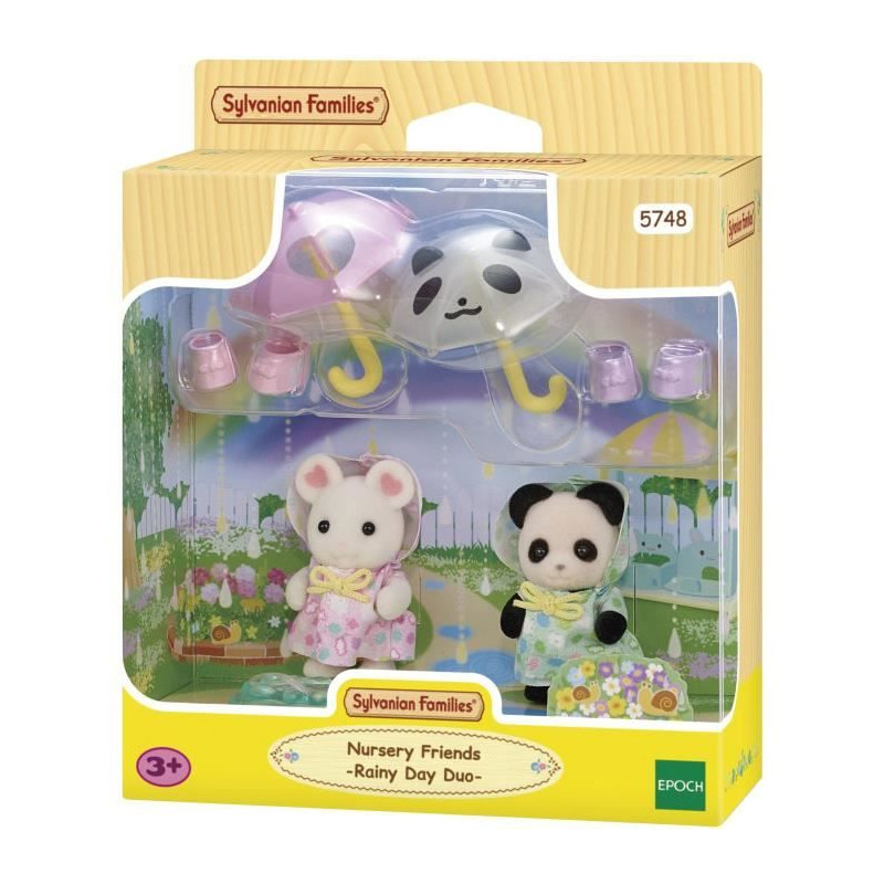 Figurines Articulées - SYLVANIAN FAMILIES - Duo Bébés en Habits de Pluie - Panda et Souris Marshmallow