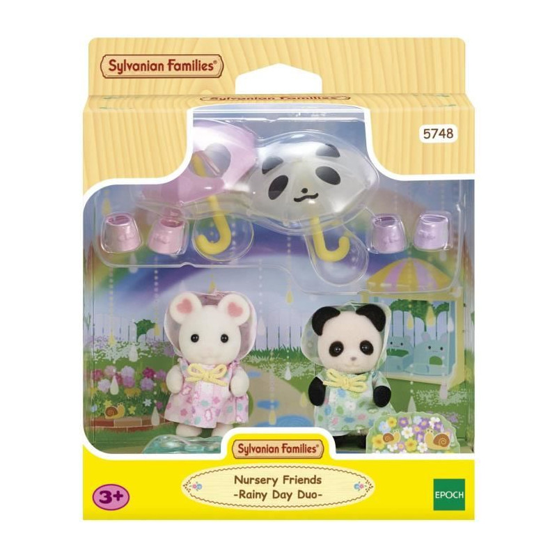 Figurines Articulées - SYLVANIAN FAMILIES - Duo Bébés en Habits de Pluie - Panda et Souris Marshmallow