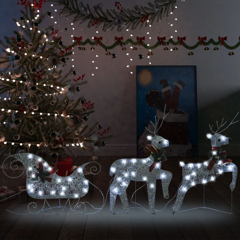 Décoration de Noël Rennes et traîneau 60 LED Extérieur Argenté