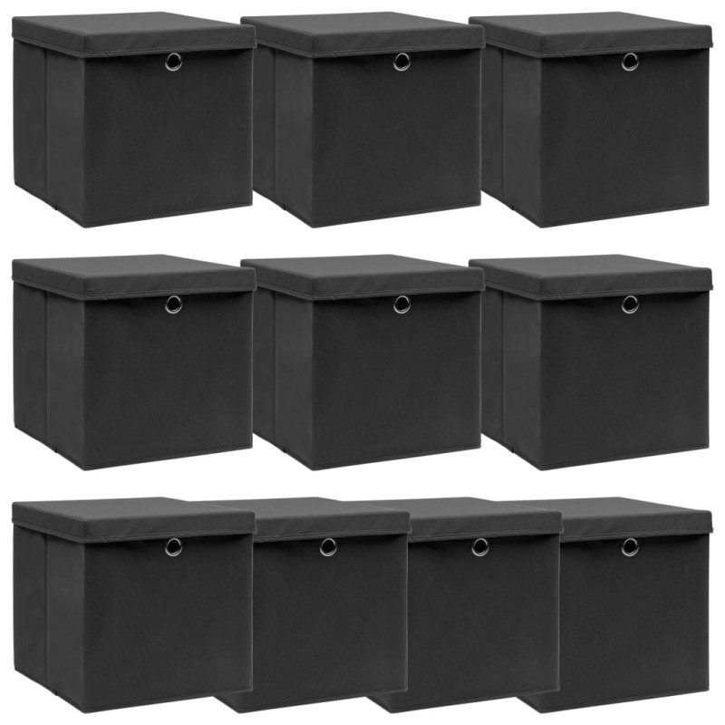 Boîtes de rangement avec couvercle 10 pcs Noir 32x32x32cm Tissu