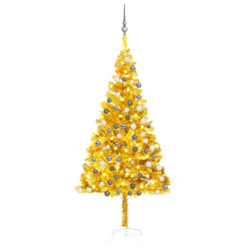 Arbre de Noël artificiel pré éclairé et boules doré 180 cm PET