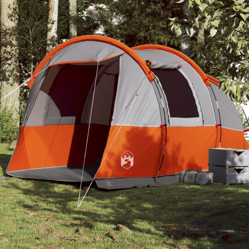 Tente de camping tunnel 4 personnes gris et orange imperméable