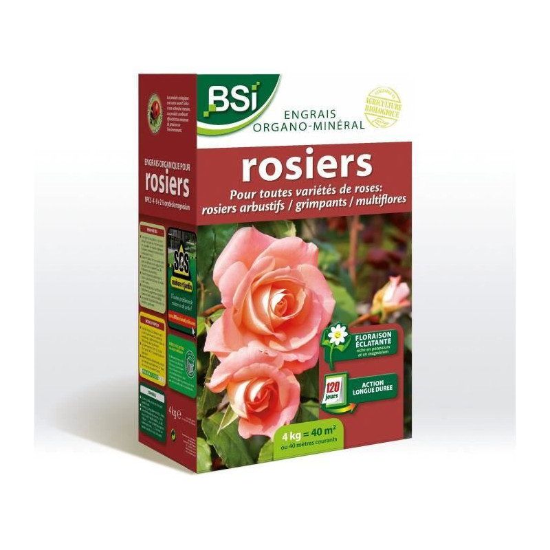 BSI - Engrais Bio Rosiers - Pour Toutes les Sorte de Roses - Floraison Éclatante - Action Longue Durée - 4kg - Jusqu'a 40 m²