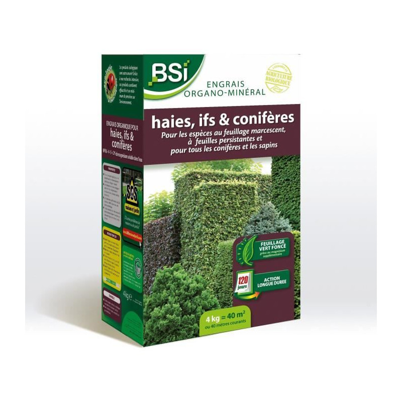 BSI - Engrais Organo-Minéral Pour Haie / If / Conifere - Pour Tous Les Coniferes Ou Les Sapins - 4Kg - Jusqu'a 40 m² - UAB