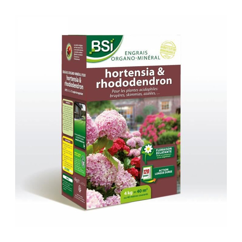 BSI - Engrais Hortensias/Rhododendrons - Pour Tous les Hortensias / Rhododendrons - Action Longue Durée - 4kg - Jusqu'a 40 m²