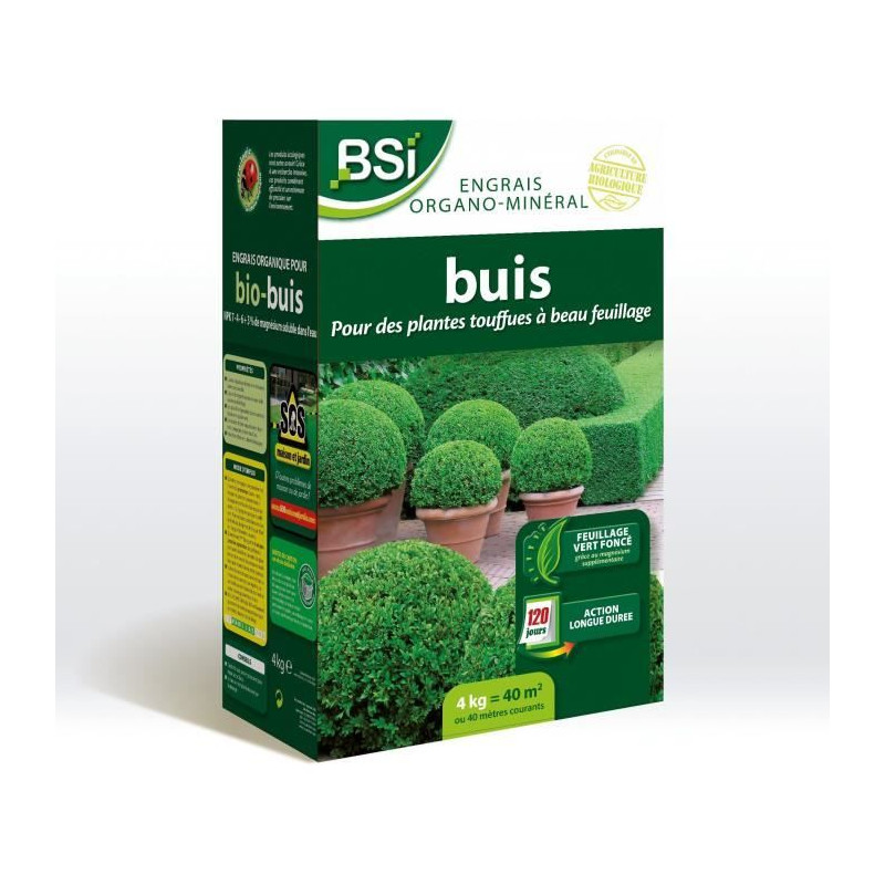 BSI - Engrais Bio Buis - Feuillage Etincelant Et Vert Fonçé - Action Longue Durée - 4Kg - Jusqu'a 40 m² - UAB