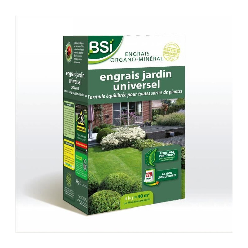 BSI - Engrais Bio Universel - Pour des végétaux multiples - Gazon, Potager, Fleurs ... - Action Longue - 4Kg - Jusqu'a 40 m²