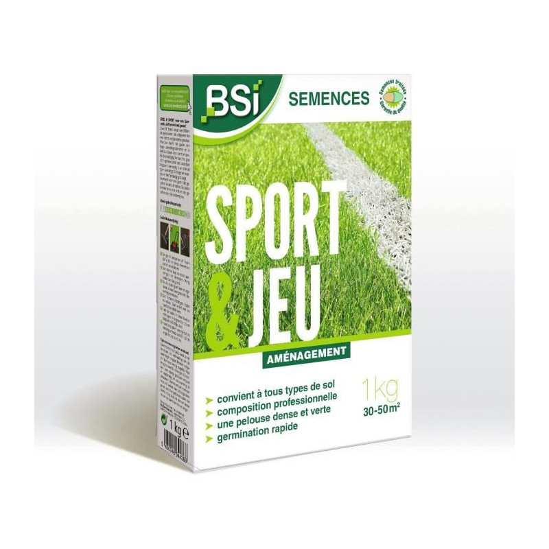 BSI - Semences de Gazon - Sport & Jeu - Avec Enrobage Protecteur - Haute qualité - jusqu'a 50 m² - 1Kg