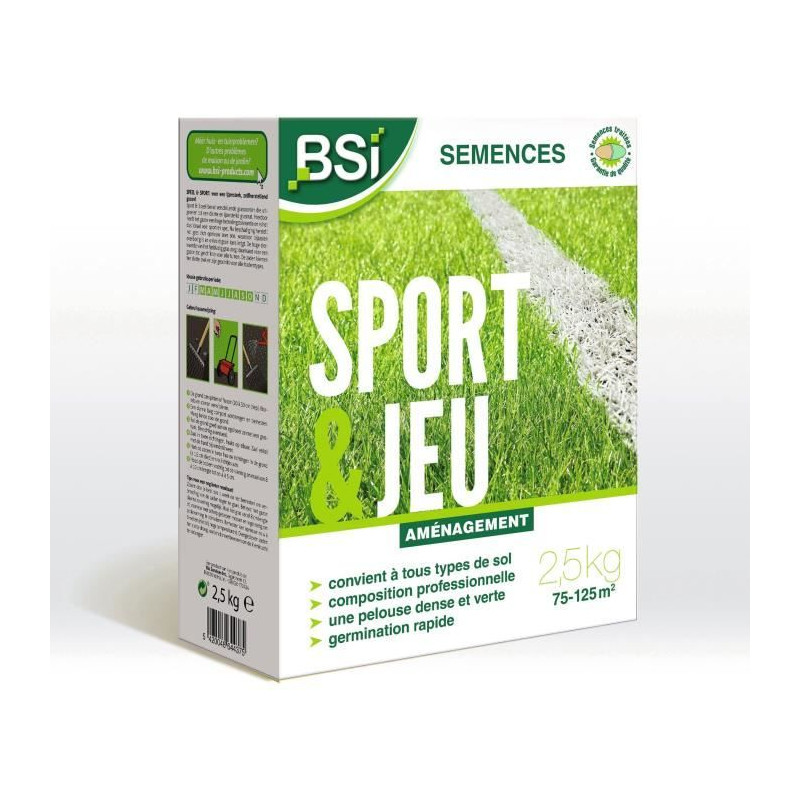 BSI - Semences de Gazon - Sport & Jeu - Avec Enrobage Protecteur - Haute qualité - jusqu'a 125 m² - 2,5Kg