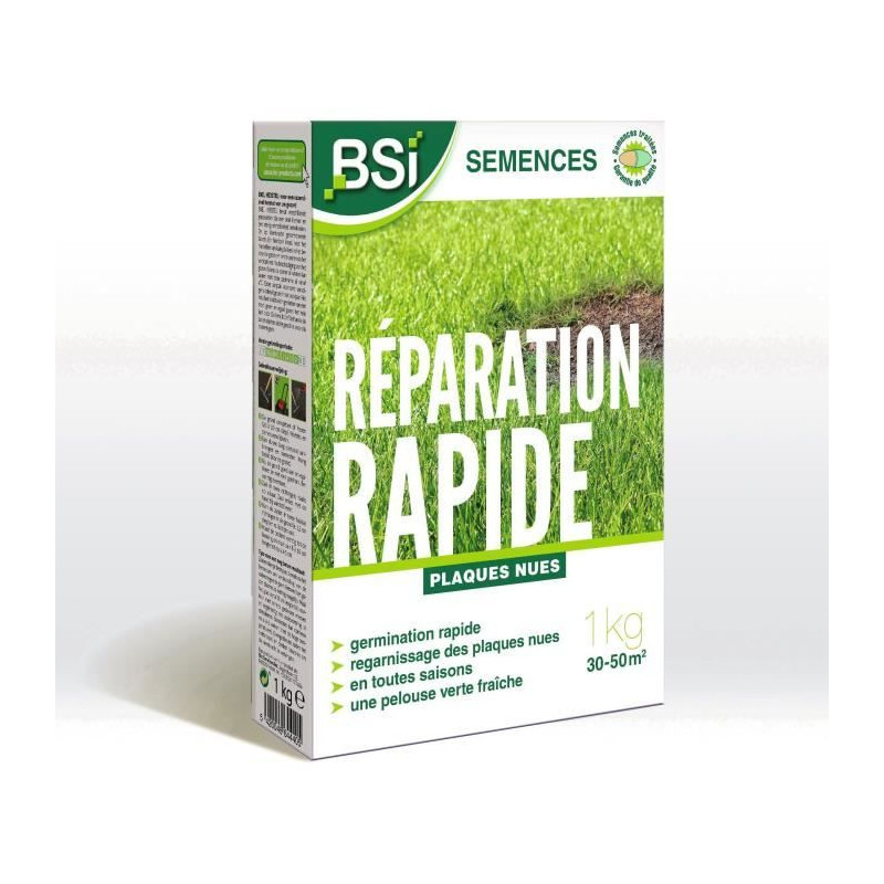 BSI - Semences de Gazon - Réparation Rapide - Avec Enrobage Protecteur - Haute qualité - jusqu'a 50m² - 1Kg