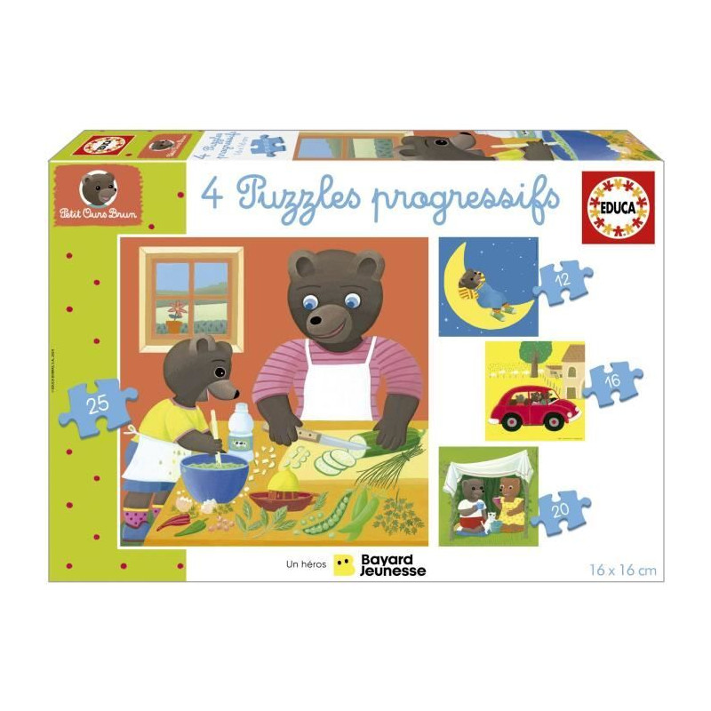 Puzzle - EDUCA - Petit Ours Brun : 4 puzzles progressifs pour enfants de 12 a 25 pieces des 3 ans