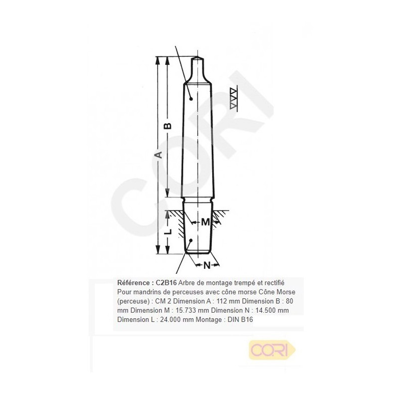 Arbre de montage cône morse 112 mm pour mandrin de perceuse CM 2 CORI C2B16