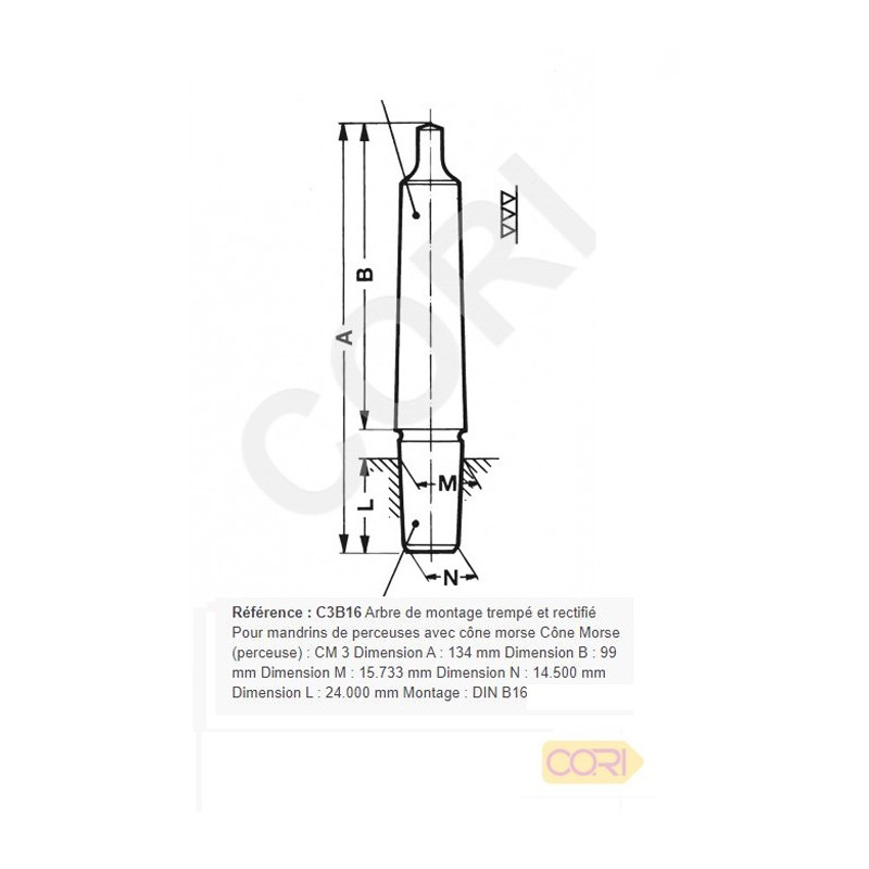 Arbre de montage cône morse 134 mm mandrin de perceuse CM 3 CORI C3B16