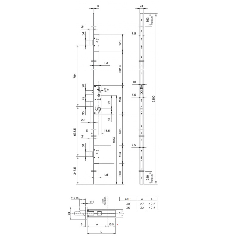 Serrure 3 points à larder PERFORMA Axe 35mm avec têtière plate ISEO 7232013528