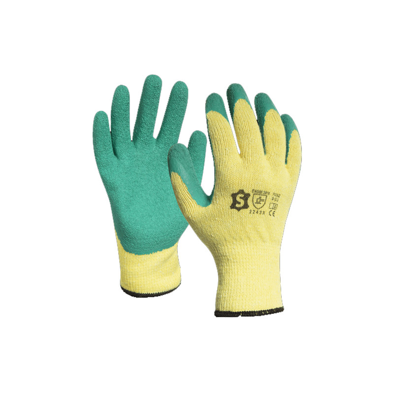 Sachet 12 paires de gants tricoté enduit en latex poignet bord cote jaune vert T10 7032E12