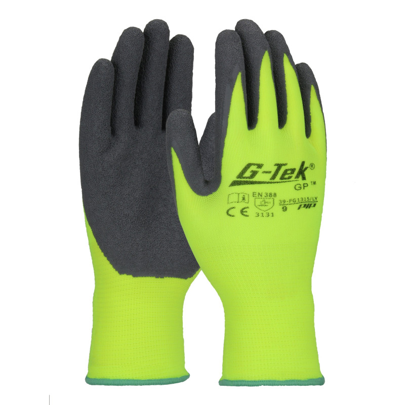 Gants haute visibilité G Tek® enduit latex crêpé jaune fluo gris T10 PIP 39 FG1315 YN 10