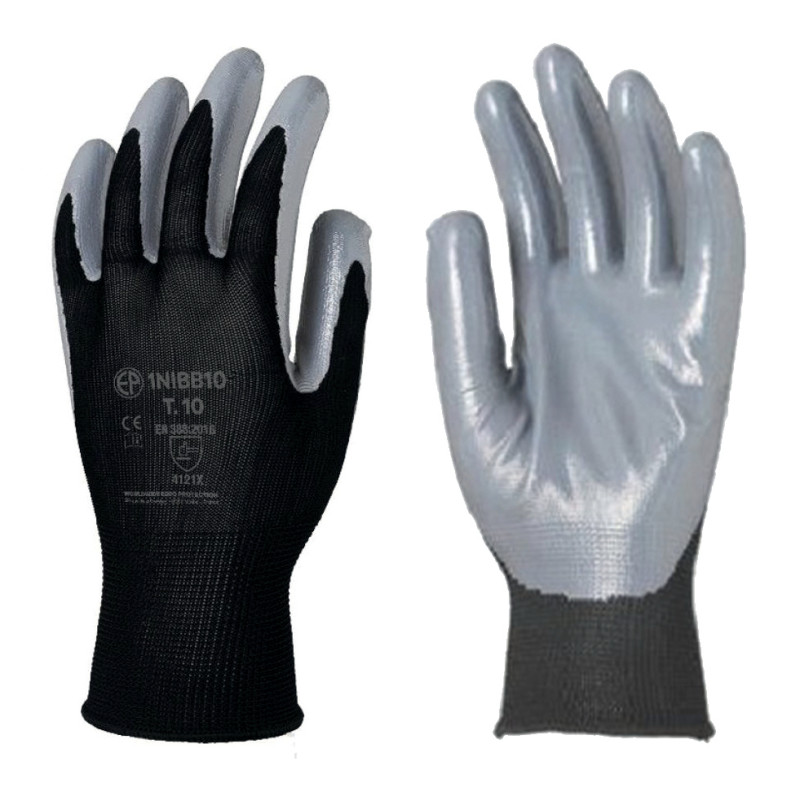 Gant tricoté polyester EUROTECHNIQUE enduit nitrile noir gris T10 COVERGUARD 1NIBB10