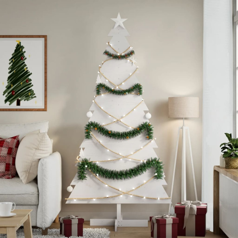 Arbre de Noël en bois pour décoration blanc 180 cm pin massif