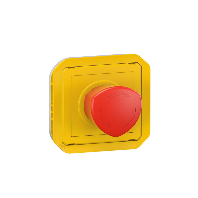 Coup de poing d urgence poussoir déverrouillage 1 4 tour étanche PLEXO avec enjoliveur jaune et bouton rouge LEGRAND 069549L