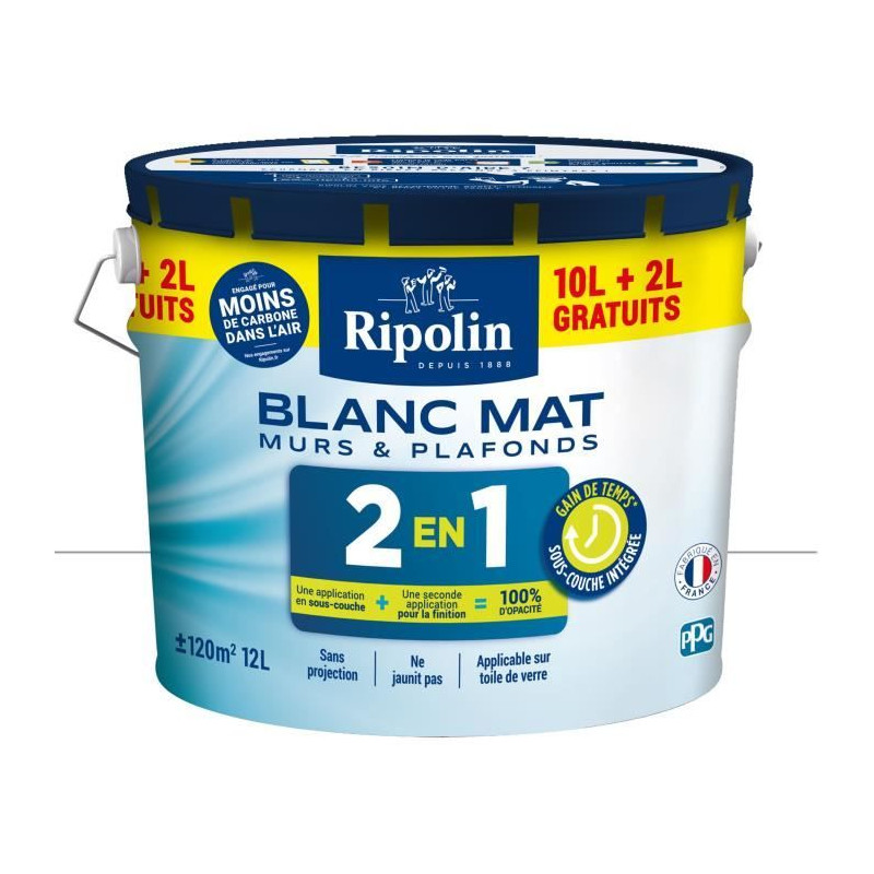 Peinture Murs et Plafonds 2 en 1 Blanc Mat Ripolin 10L + 2L gratuits