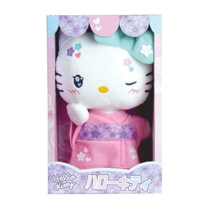 Hello Kitty Kimono Kawai Peluche +- 22 cm - JEMINI - Version kawai avec kimono rose et tongs.