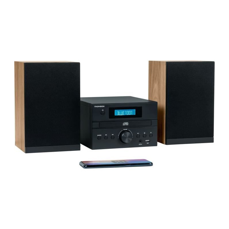 Micro-chaîne Bluetooth - THOMSON - Bois/Noir - Radio FM/CD/MP3/USB, 20W RMS, Tuner FM RDS, Prise casque, Télécommande, Alim.