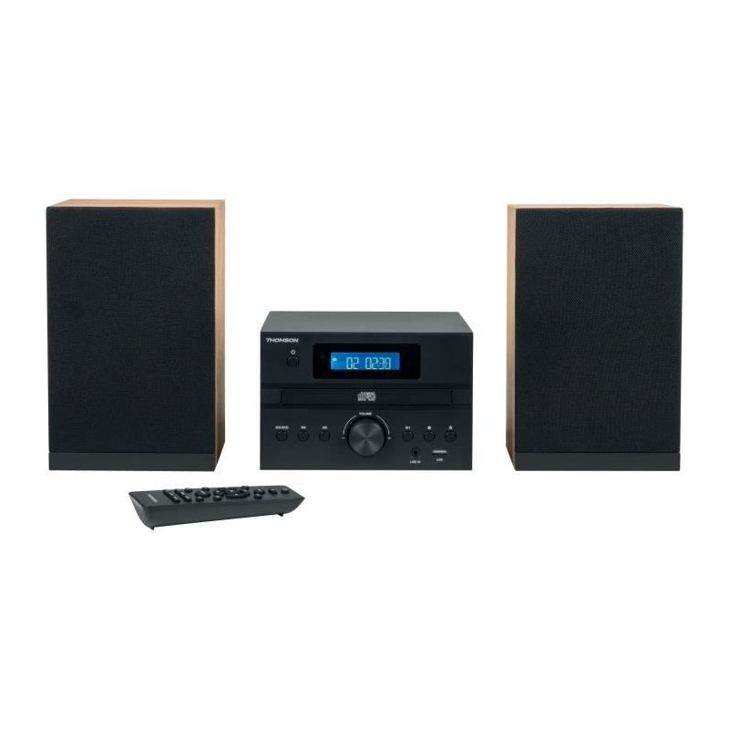 Micro-chaîne Bluetooth - THOMSON - Bois/Noir - Radio FM/CD/MP3/USB, 20W RMS, Tuner FM RDS, Prise casque, Télécommande, Alim.