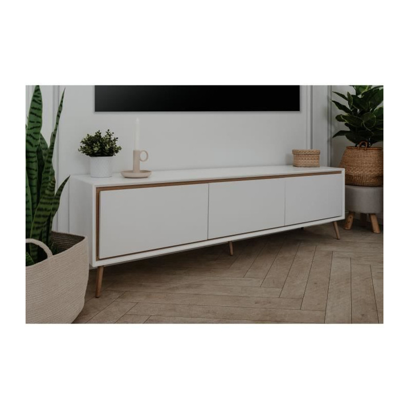 Meuble TV - ARONA - Blanc / Chene artisan - 3 abbatants - 175 x 50 x 38 cm