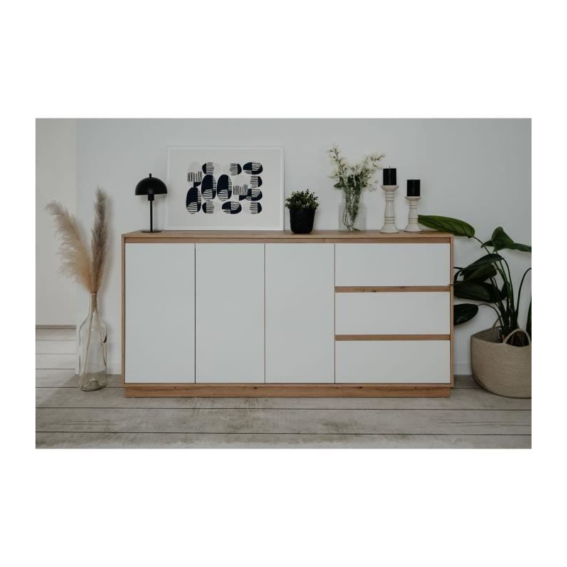 Buffet - PHoeNIX - Décor chene artisan / blanc HGL - 3 portes - 3 tiroirs - 178 x 88 x 40 cm