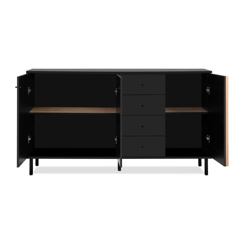 Buffet - MONZA - Décor noir / chene artisan - 3 portes - 4 tiroirs - 160 x 90 x 40 cm