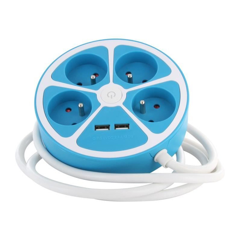 Multiprise design circulaire - CHACON - 4X16 A - Cordon 1,5 m - Avec 2 USB-A + Interrupteur - Bleu