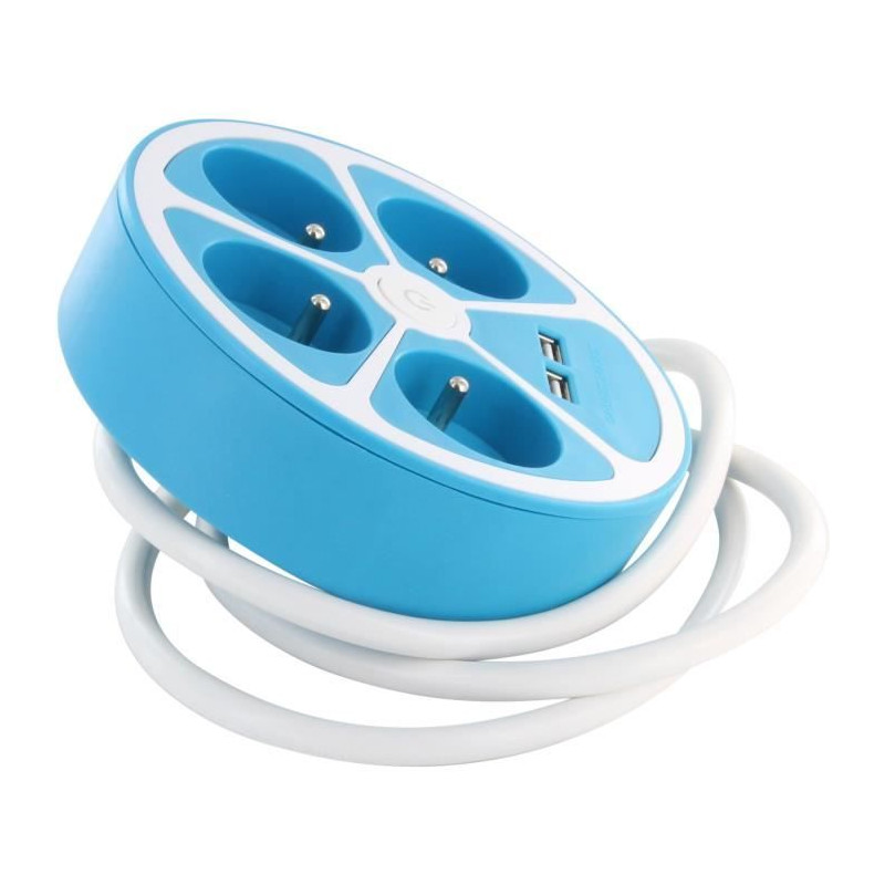 Multiprise design circulaire - CHACON - 4X16 A - Cordon 1,5 m - Avec 2 USB-A + Interrupteur - Bleu