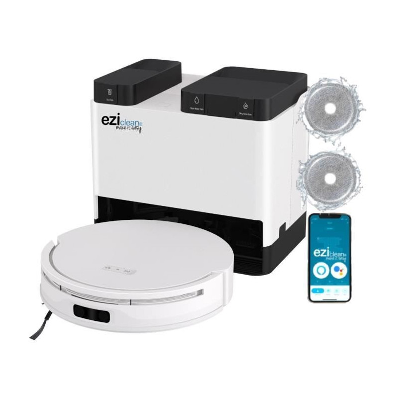 EZICLEAN All In One Z12 Ultra - Robot aspirateur laveur connecté avec base de vidage - 270 min - 14,4 V - 1,8 L - Blanc