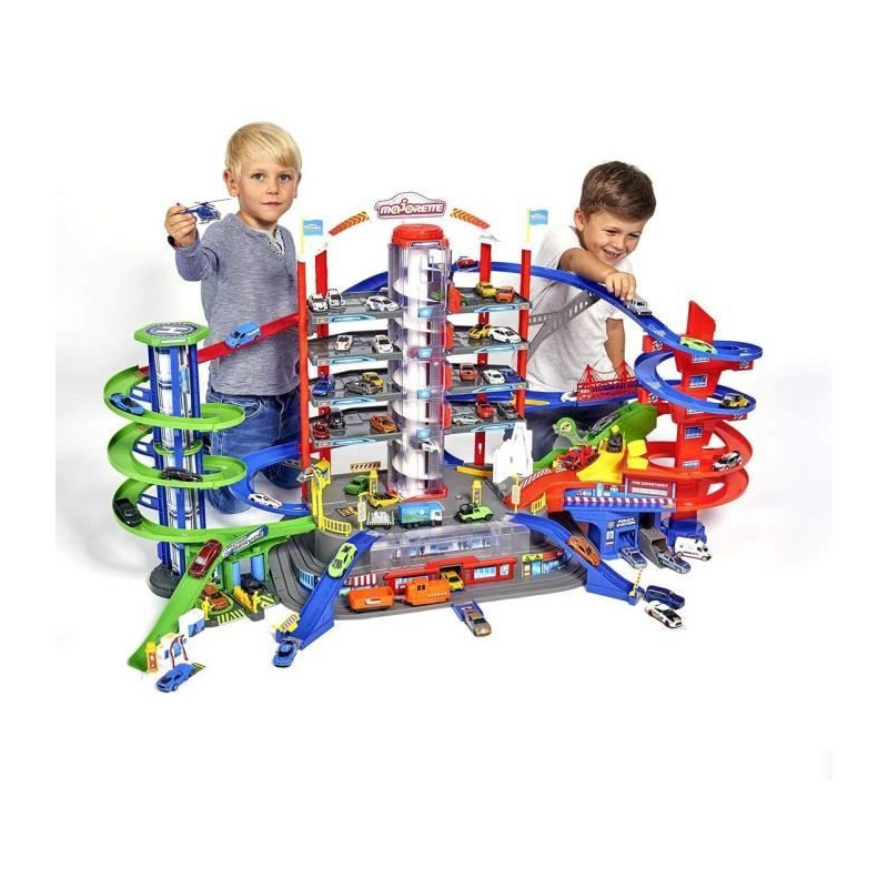 Garage Super City Majorette avec 5 véhicule et 1 train - 7 niveaux - 128 x 78cm