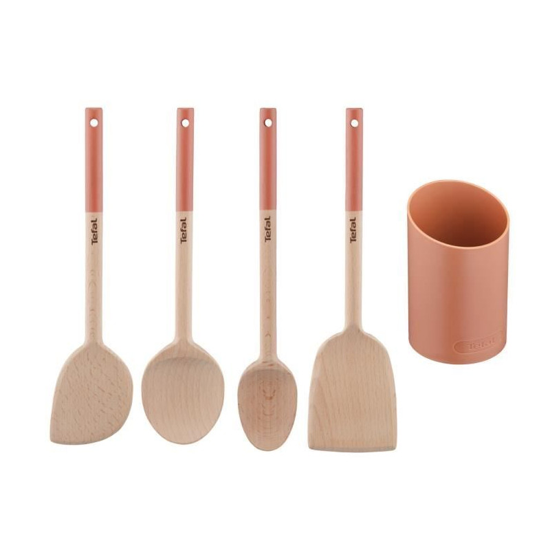 TEFAL Natura 5 ustensiles de cuisine en bois, Grande cuillere, Spatule biseautée, Maryse, Petite cuillere, Porte-ustensiles K27