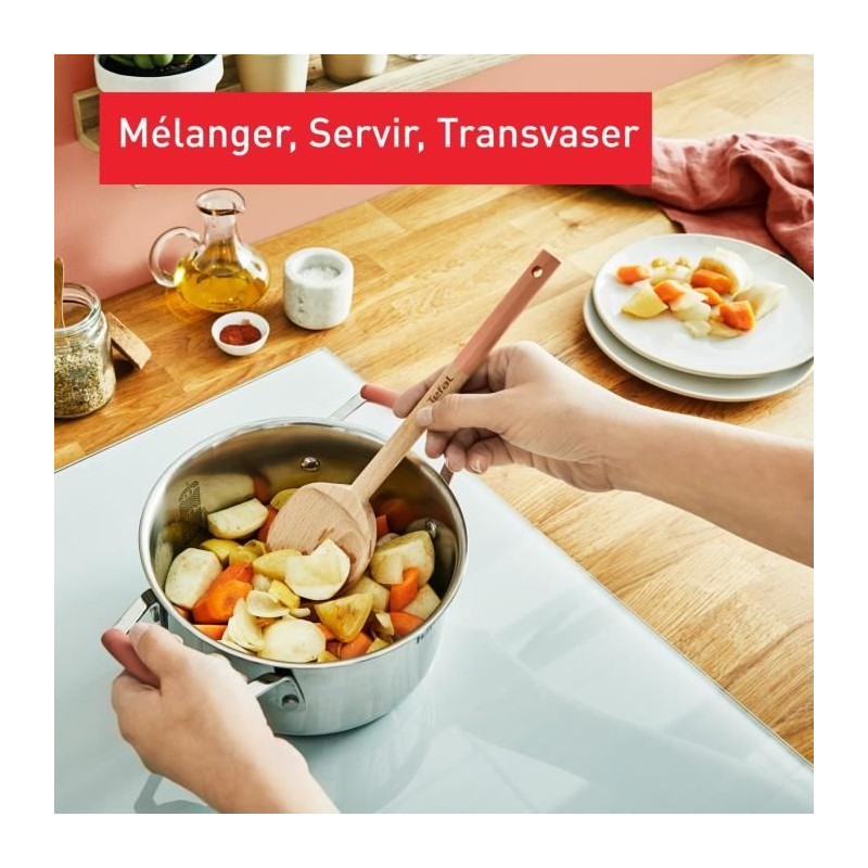 TEFAL Natura 5 ustensiles de cuisine en bois, Grande cuillere, Spatule biseautée, Maryse, Petite cuillere, Porte-ustensiles K27