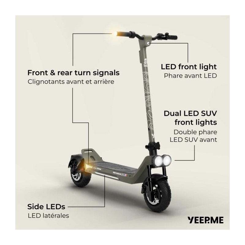 Trottinette électrique - YEEP.ME - DAKAR 100S SUV CROSS - Roues 10 - 1200W - 48V - Autonomie 50km - Triple phare et clignotants