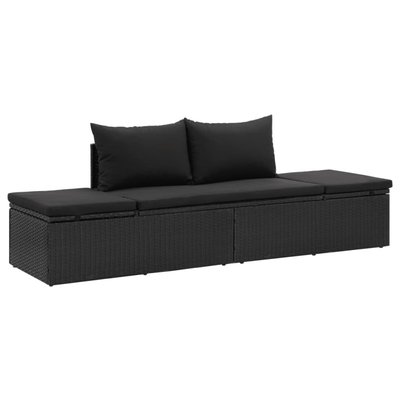 Chaise longue avec coussins Résine tressée Noir