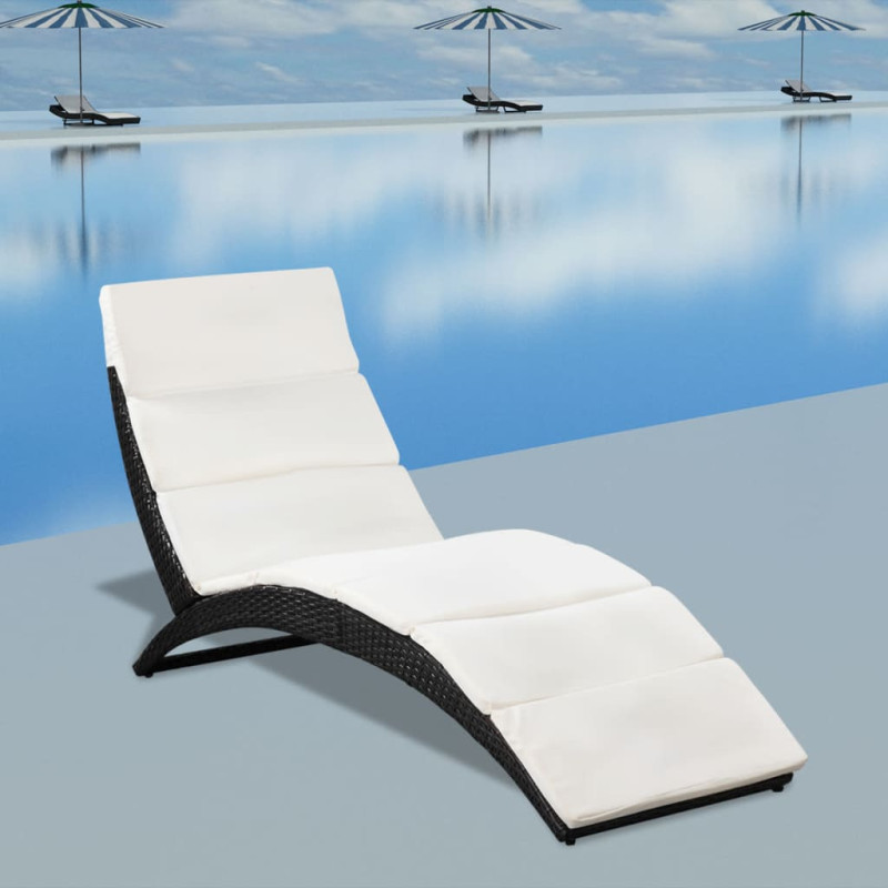 Chaise longue pliable avec coussin Résine tressée Noir