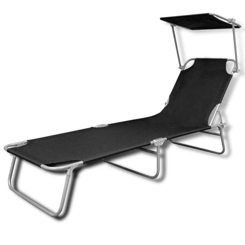 Chaise longue pliable avec auvent acier et tissu noir