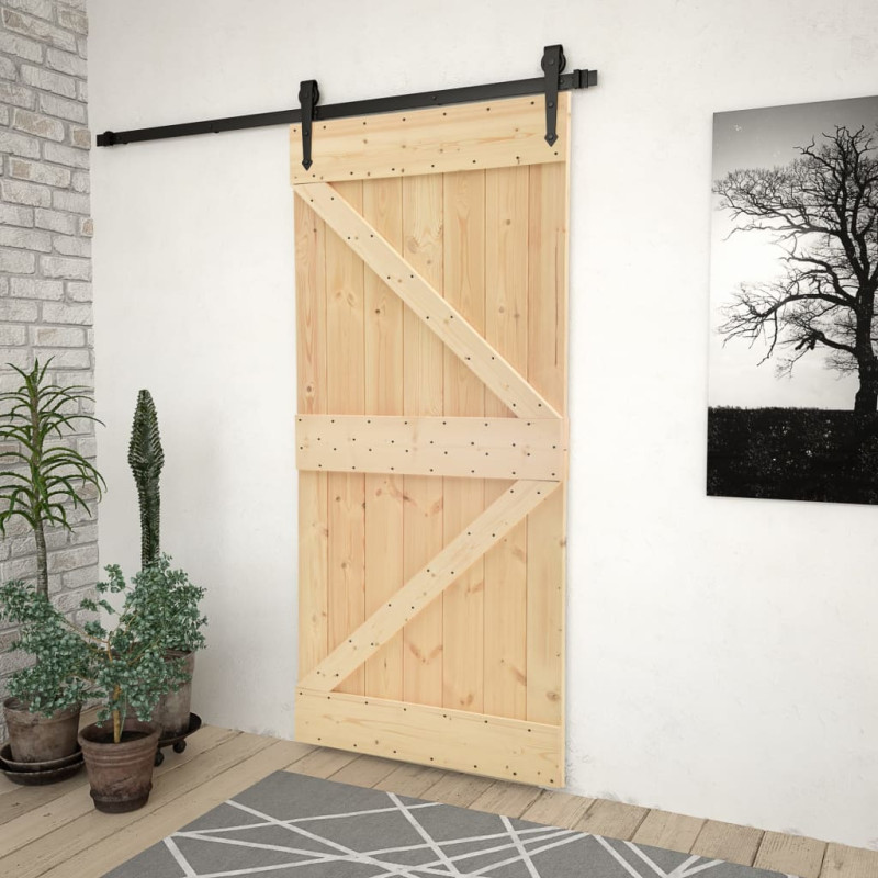 Porte coulissante avec kit de quincaillerie 90x210cm Pin massif