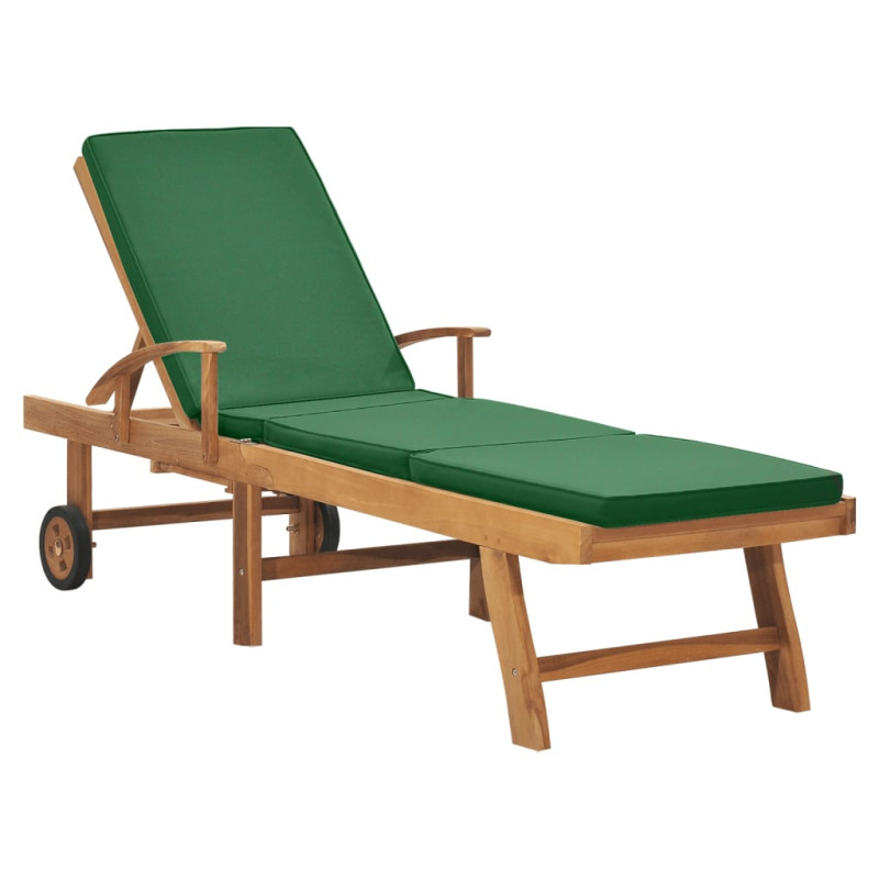 Chaise longue avec coussin Bois de teck solide Vert