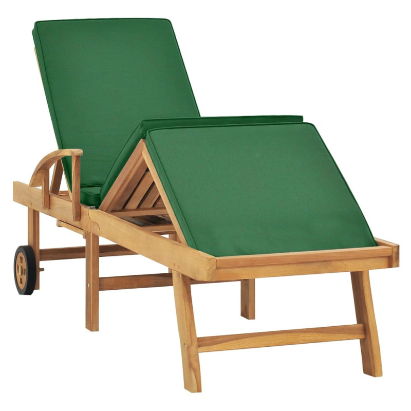 Chaise longue avec coussin Bois de teck solide Vert