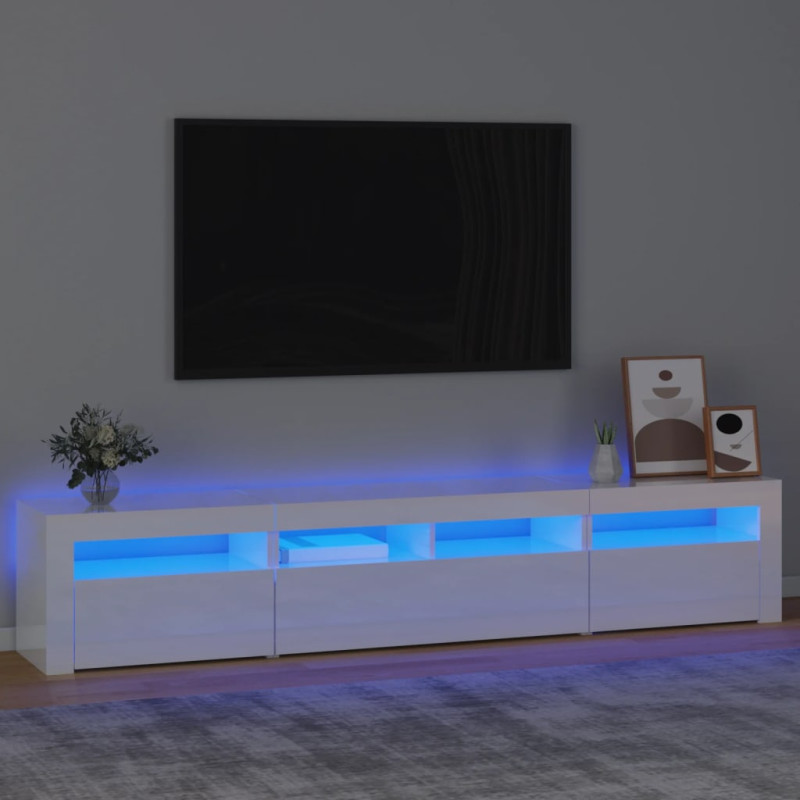 Meuble TV avec lumières LED Blanc brillant 210x35x40 cm