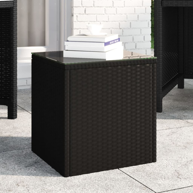 Table d appoint noir 40x37x40,5 cm poly rotin et verre trempé