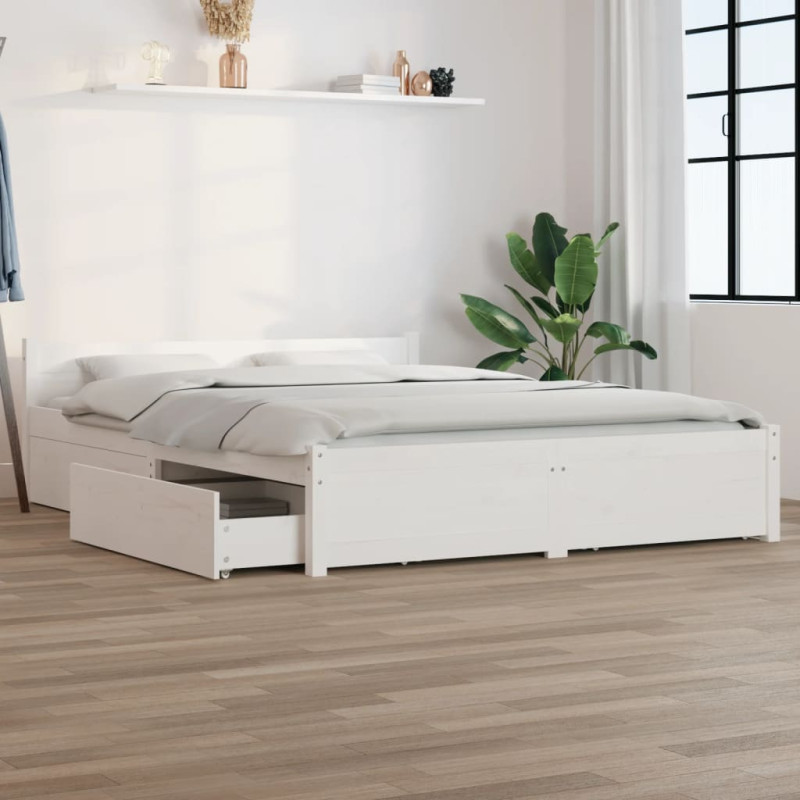 Cadre de lit sans matelas avec tiroirs blanc 140x190 cm