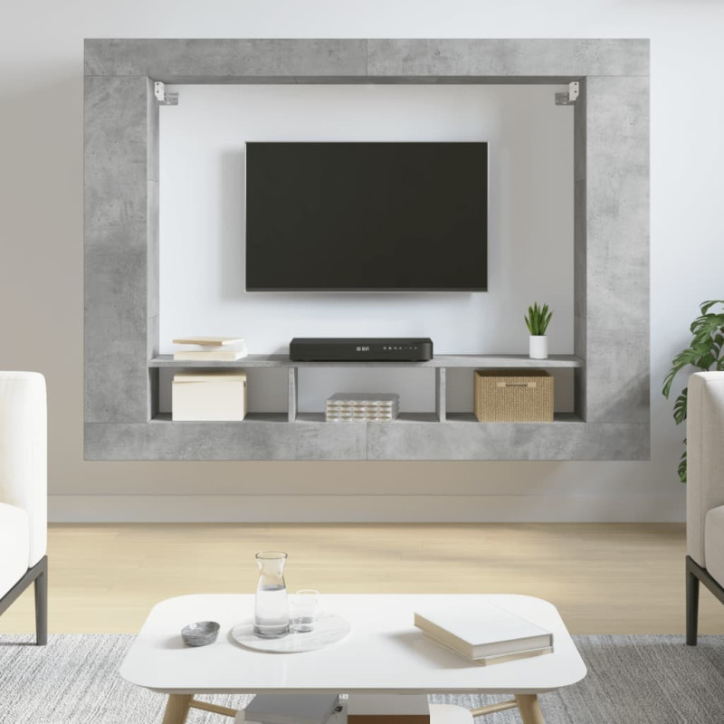 Meuble TV gris béton 152x22x113 cm bois d ingénierie